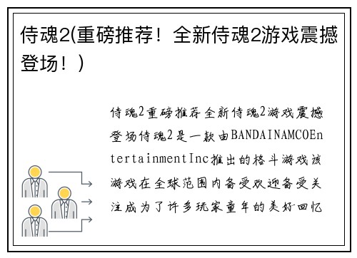 侍魂2(重磅推荐！全新侍魂2游戏震撼登场！)